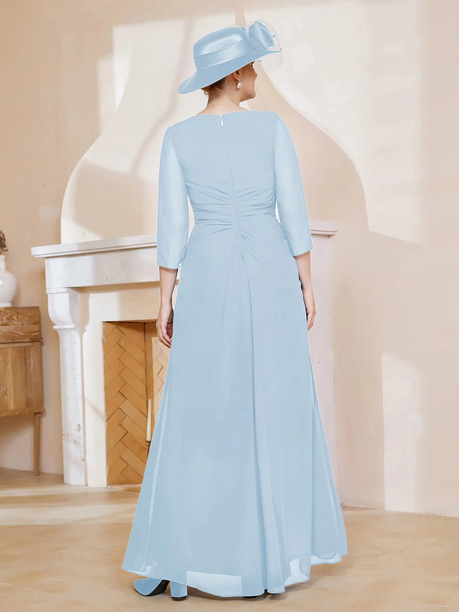 3/4-Length Sleeves V-neck Pleated Long Dress Sky Blue