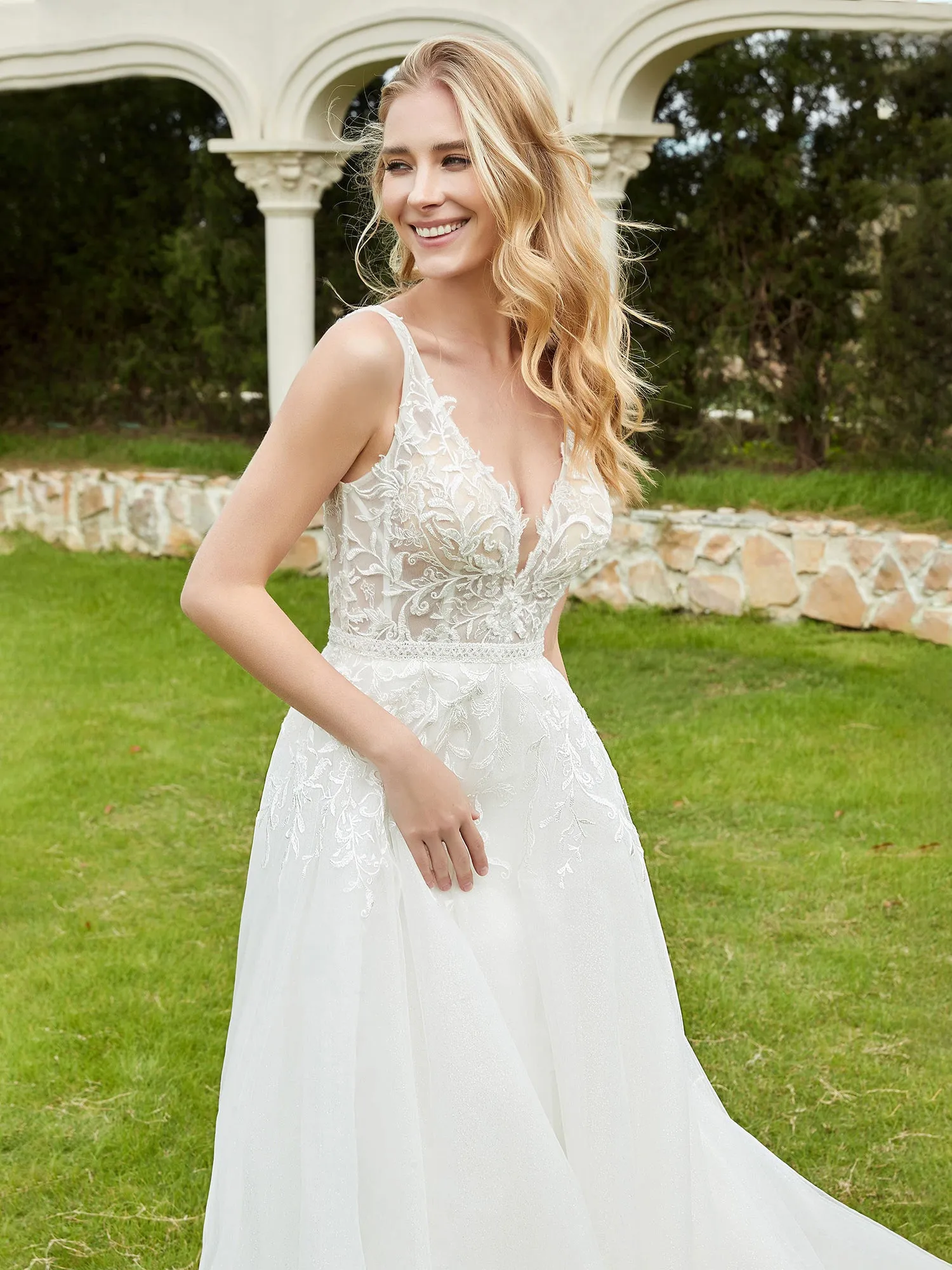 A-Line Applique Sweep Train Wedding Dress Champagne