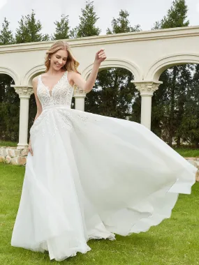 A-Line Applique Sweep Train Wedding Dress Champagne