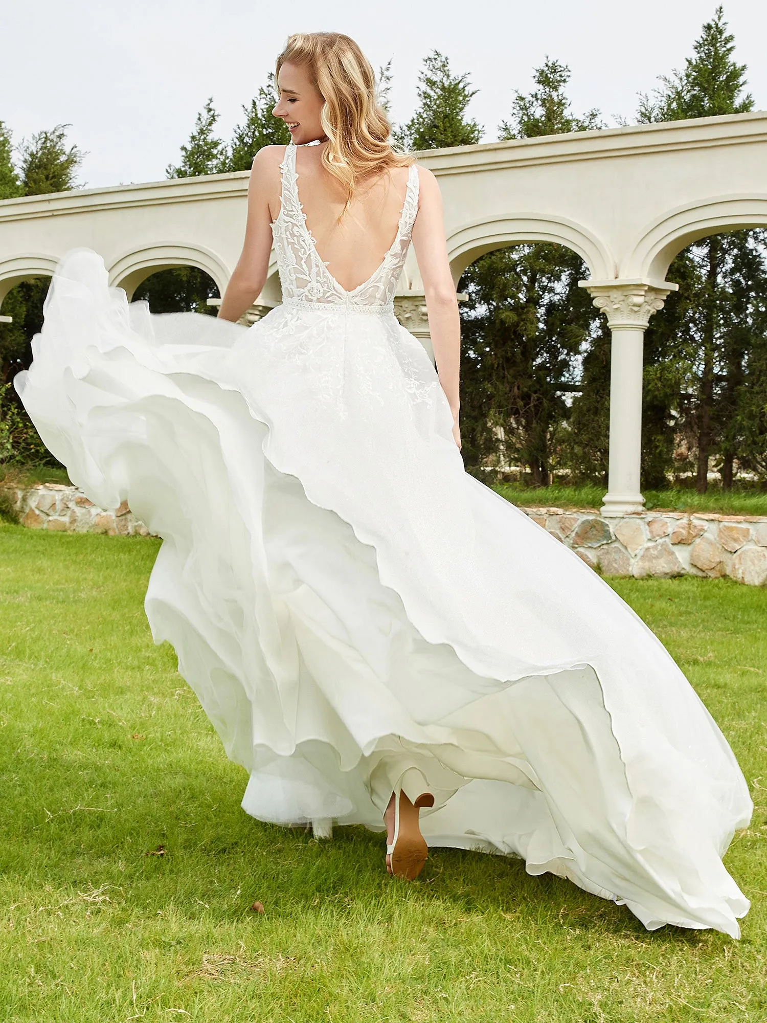 A-Line Applique Sweep Train Wedding Dress Champagne