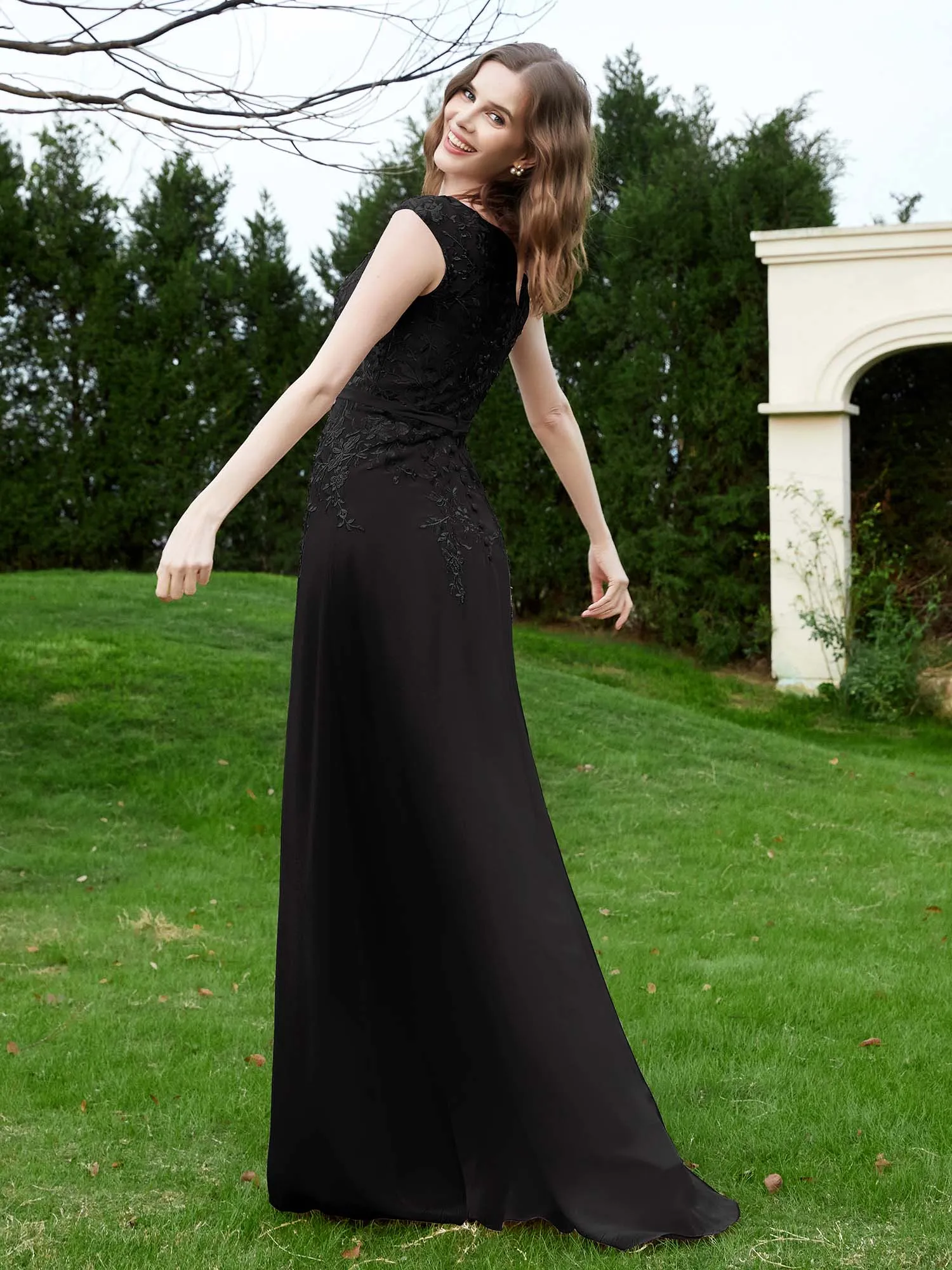 A-Line Chiffon Dress with Flower Appliqued Black Plus Size