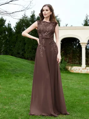 A-Line Chiffon Dress with Flower Appliqued Chocolate Plus Size