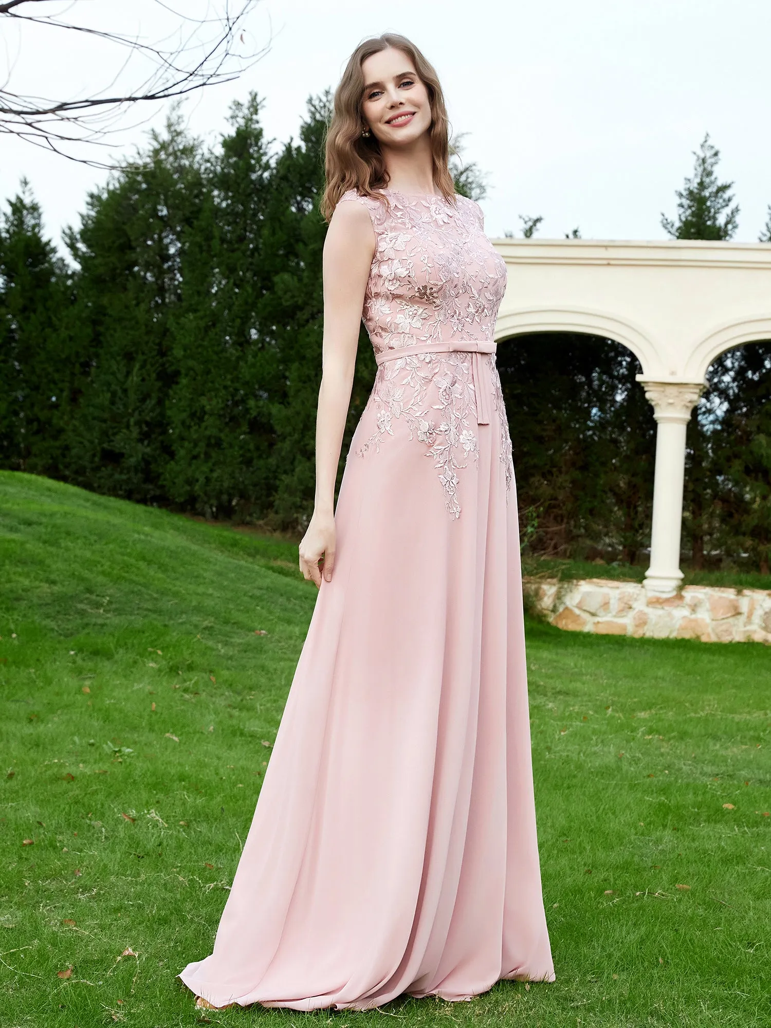 A-Line Chiffon Dress with Flower Appliqued Dusty Rose