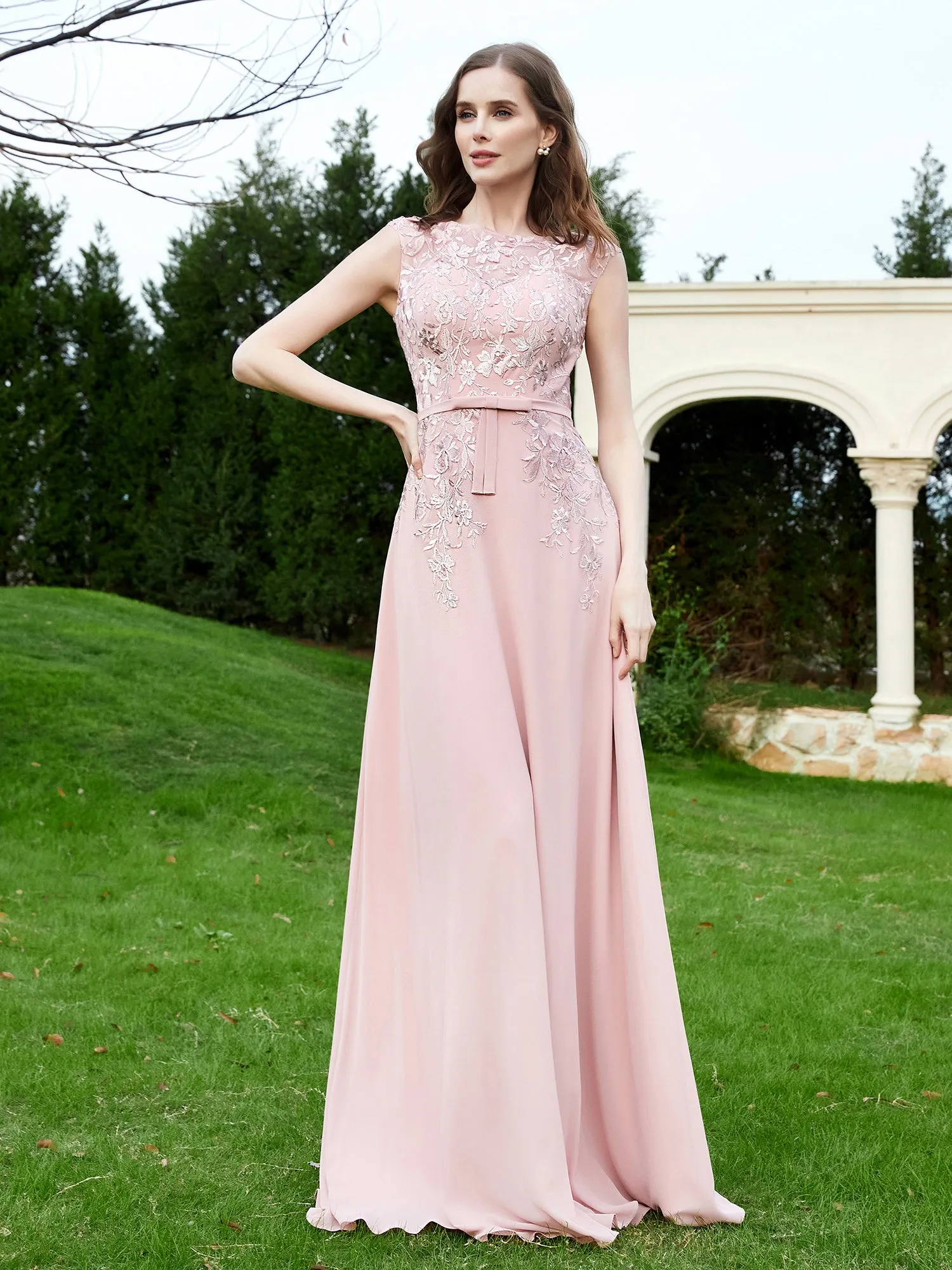 A-Line Chiffon Dress with Flower Appliqued Dusty Rose