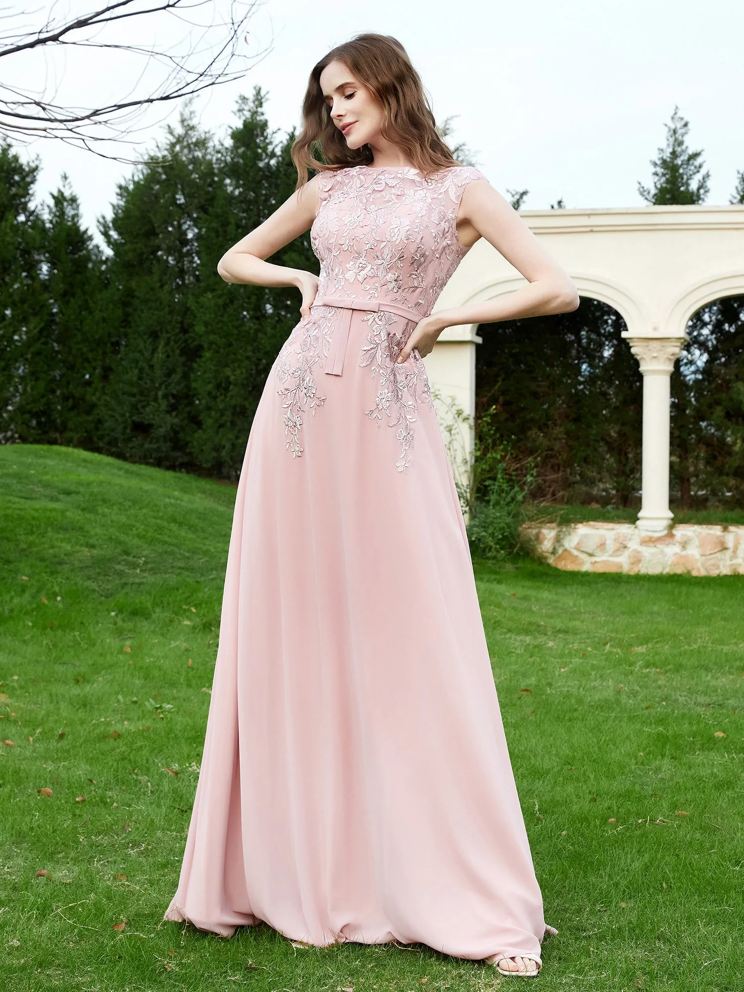 A-Line Chiffon Dress with Flower Appliqued Dusty Rose