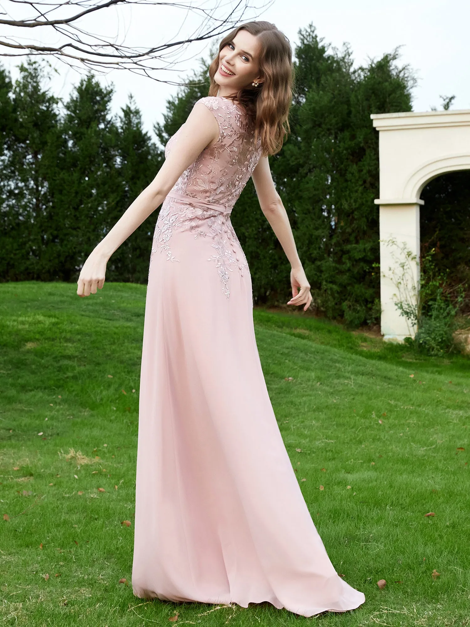 A-Line Chiffon Dress with Flower Appliqued Dusty Rose