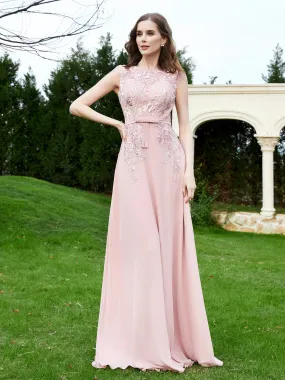 A-Line Chiffon Dress with Flower Appliqued Dusty Rose