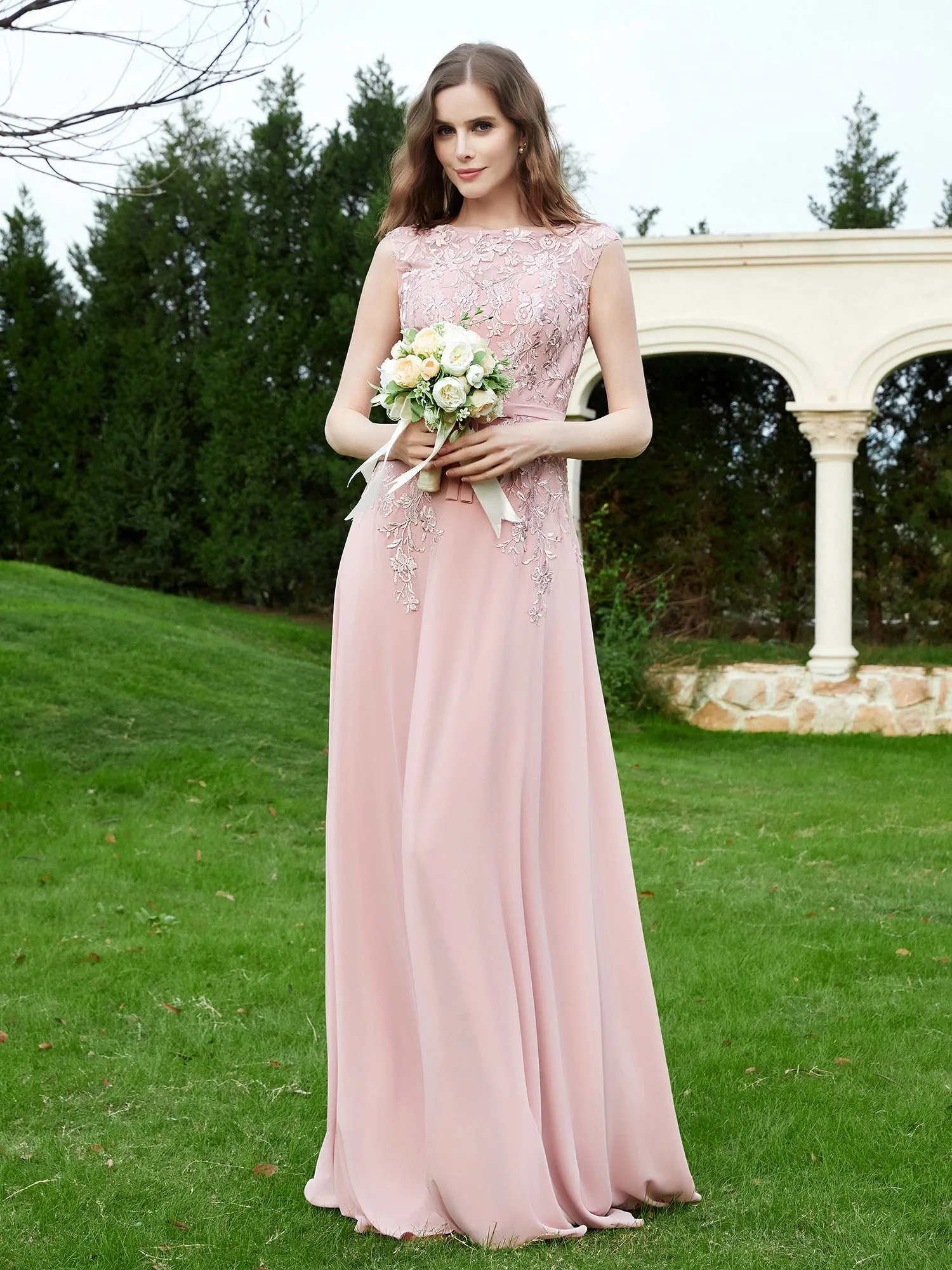 A-Line Chiffon Dress with Flower Appliqued Dusty Rose