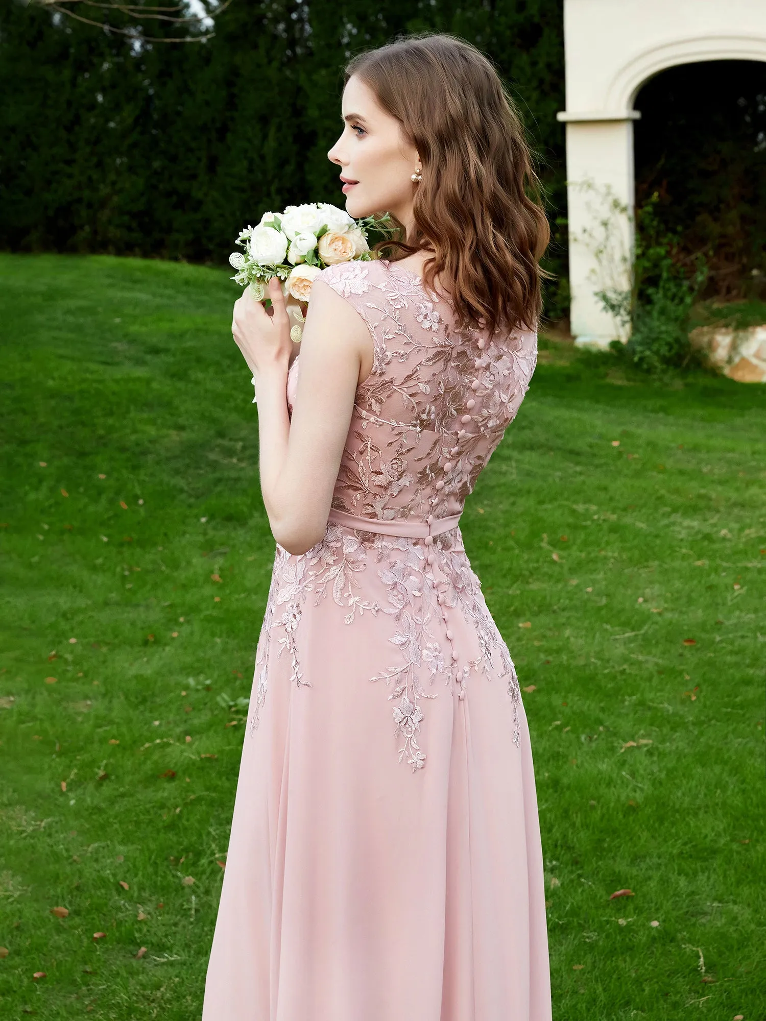 A-Line Chiffon Dress with Flower Appliqued Dusty Rose