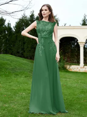 A-Line Chiffon Dress with Flower Appliqued Emerald Plus Size