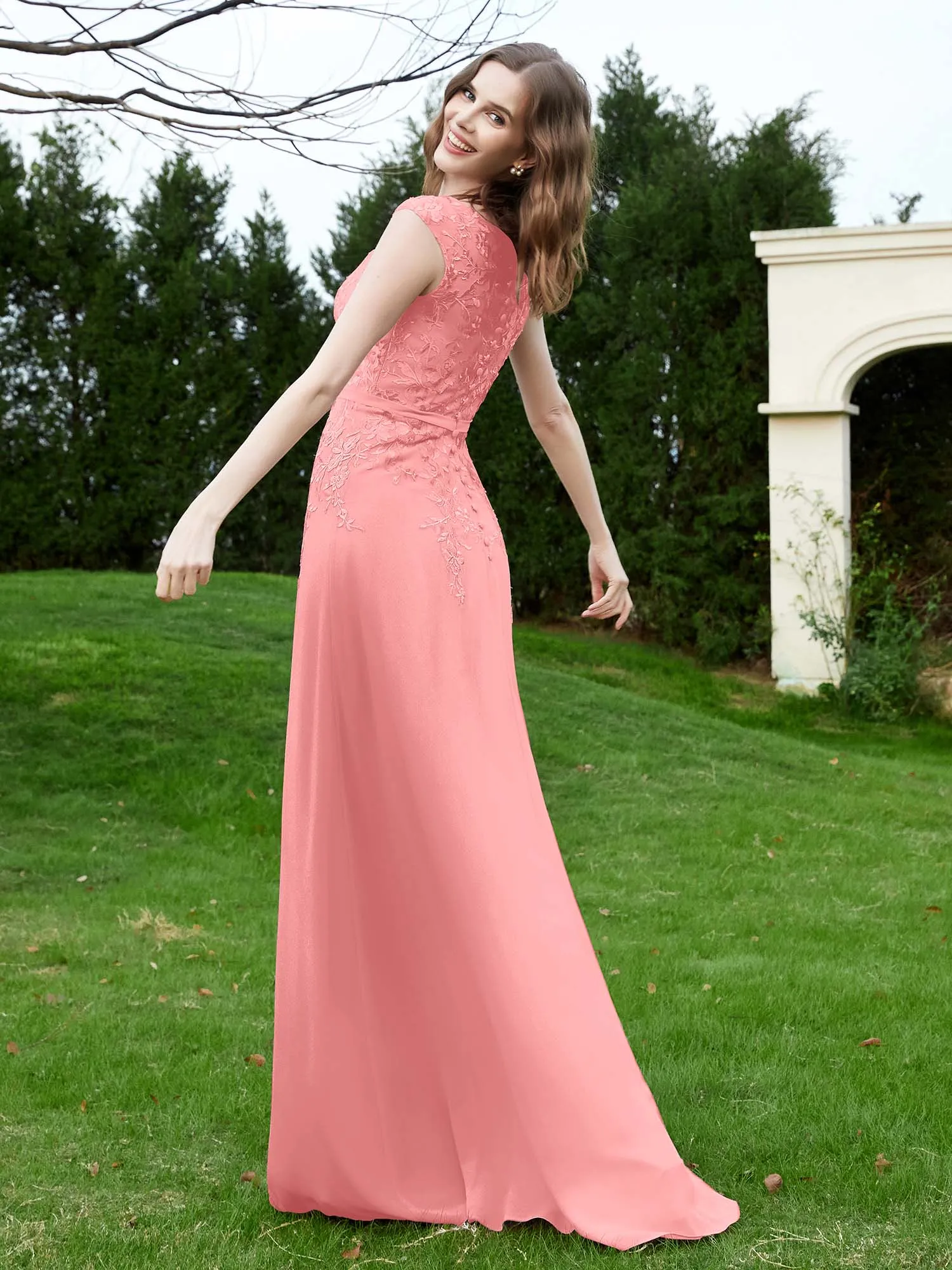 A-Line Chiffon Dress with Flower Appliqued Flamingo