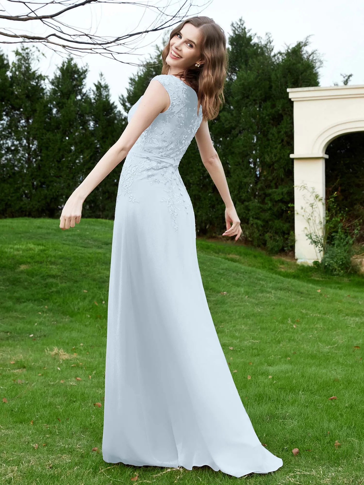 A-Line Chiffon Dress with Flower Appliqued Mist
