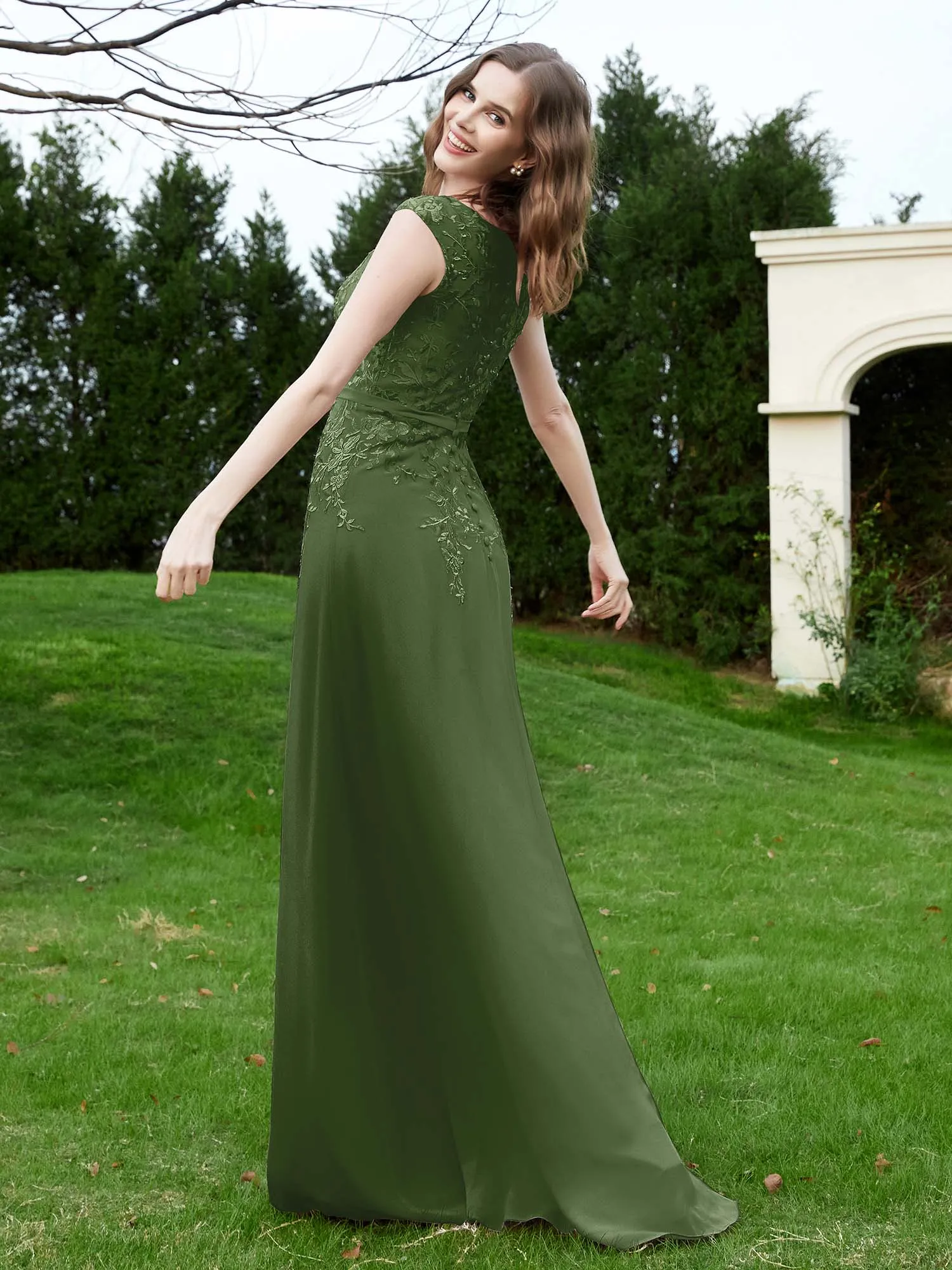 A-Line Chiffon Dress with Flower Appliqued Moss