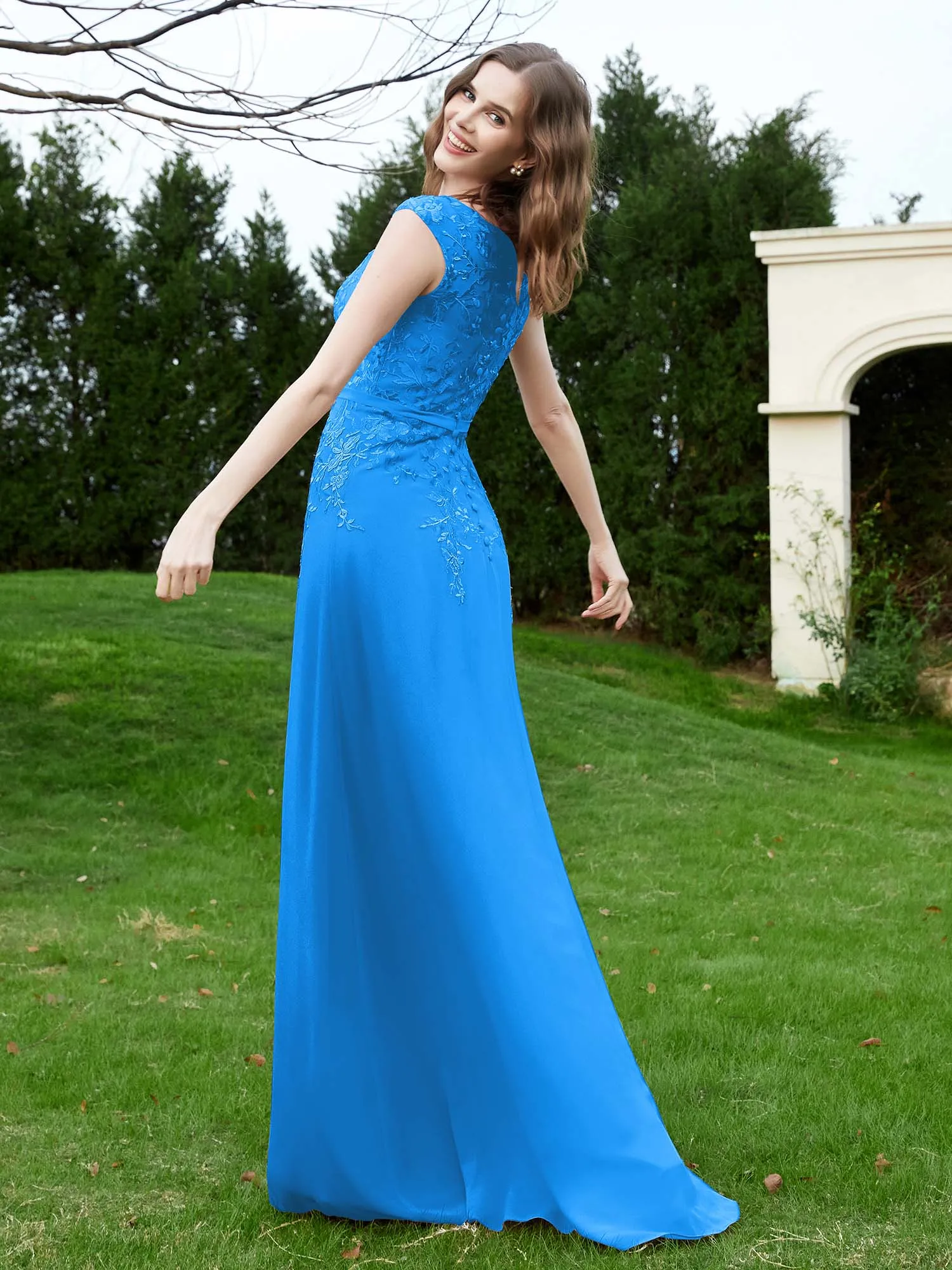 A-Line Chiffon Dress with Flower Appliqued Ocean Blue Plus Size