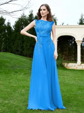 A-Line Chiffon Dress with Flower Appliqued Ocean Blue Plus Size