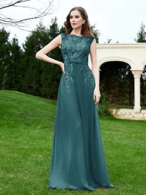 A-Line Chiffon Dress with Flower Appliqued Peacock