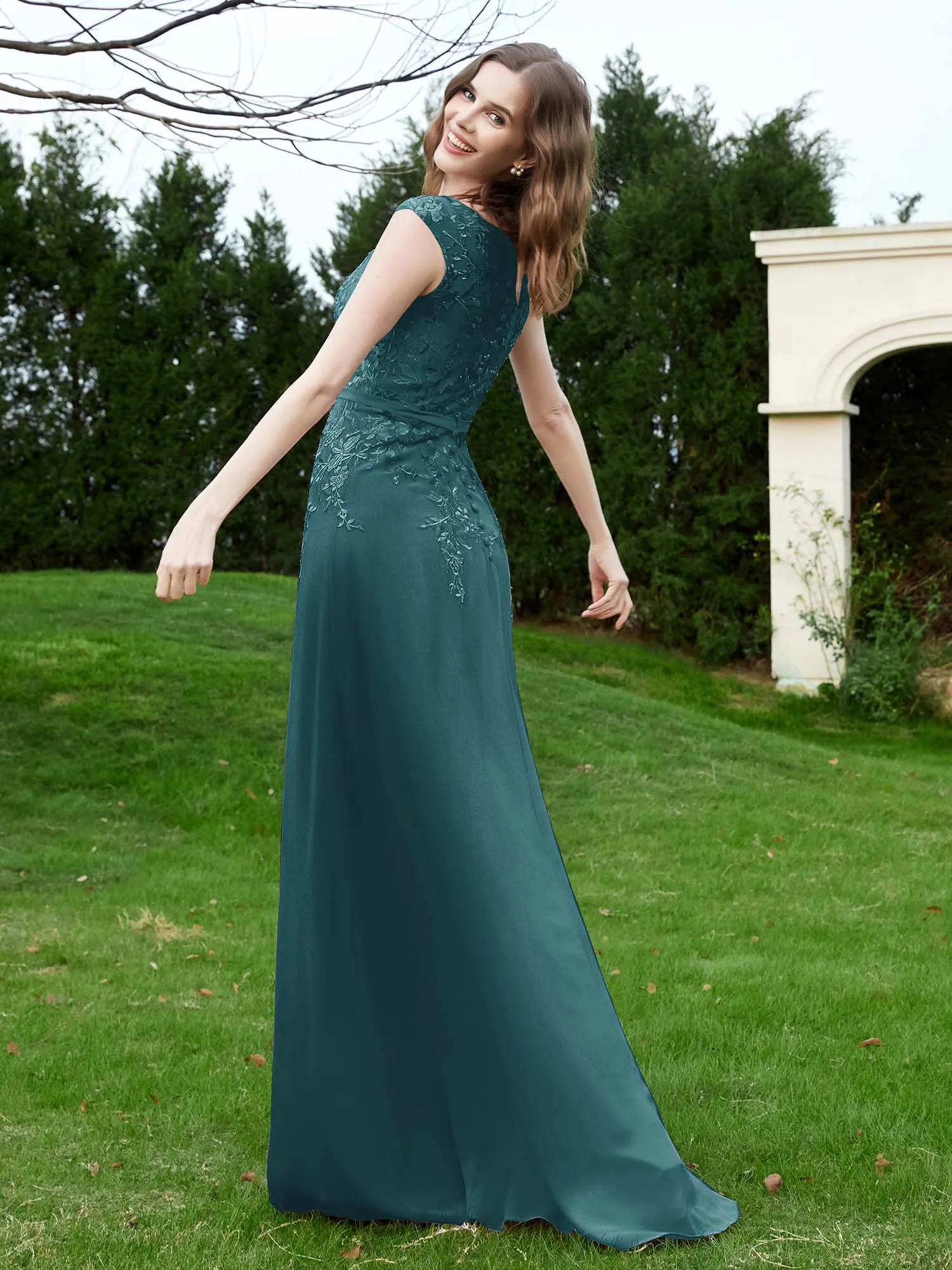 A-Line Chiffon Dress with Flower Appliqued Peacock