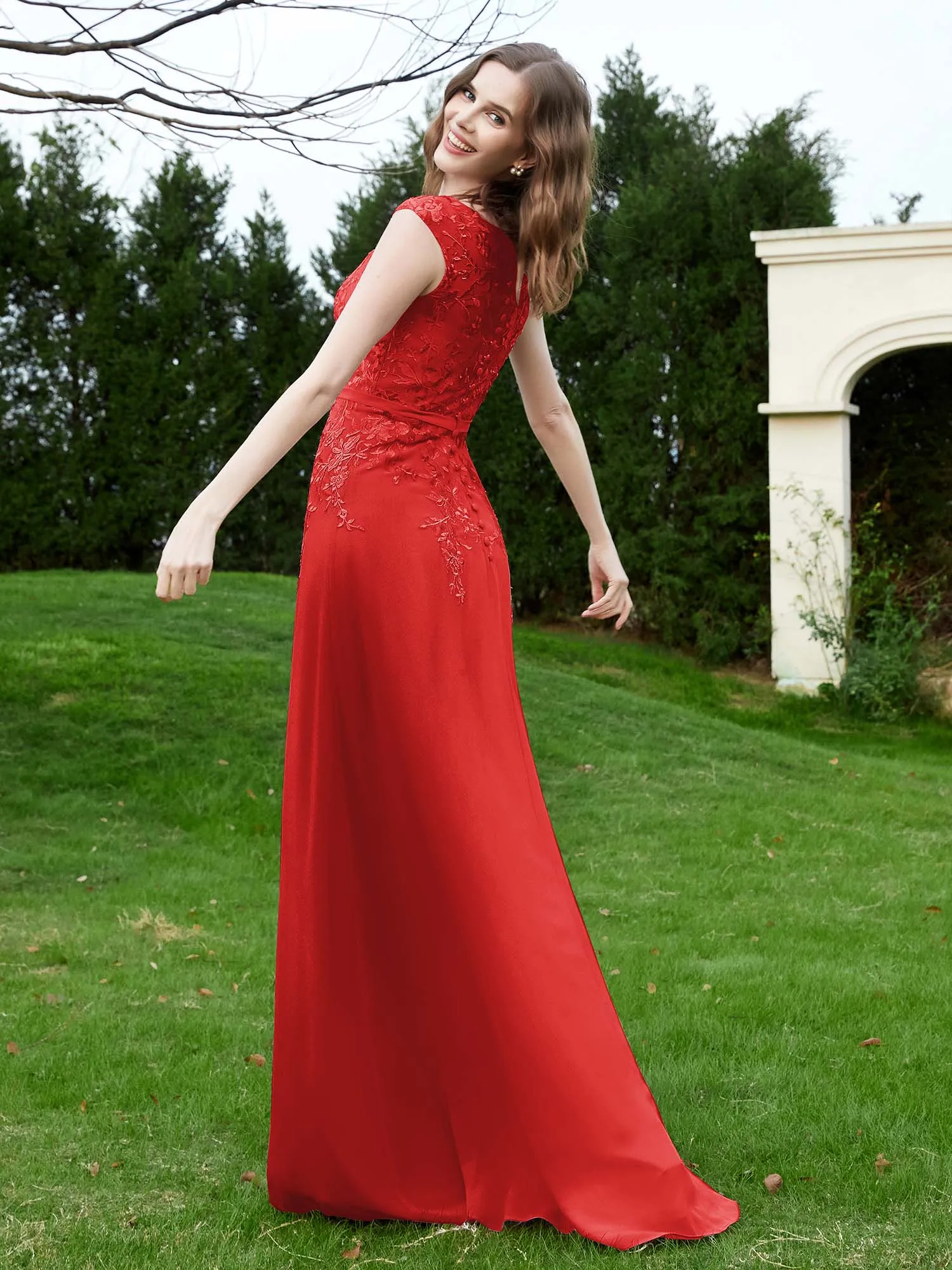 A-Line Chiffon Dress with Flower Appliqued Red Plus Size
