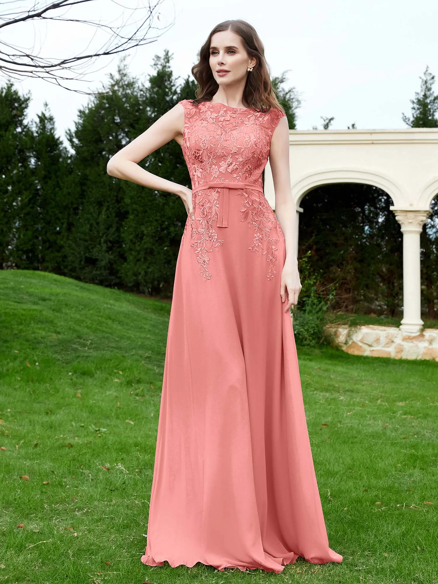 A-Line Chiffon Dress with Flower Appliqued Sunset Plus Size