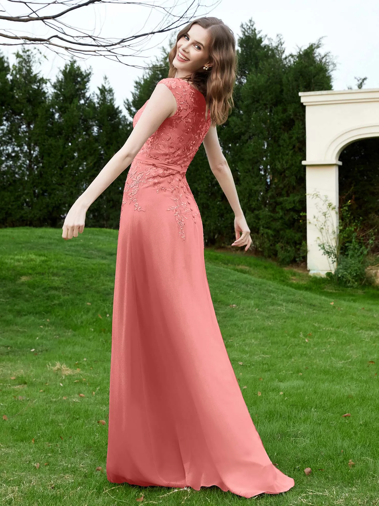 A-Line Chiffon Dress with Flower Appliqued Sunset Plus Size
