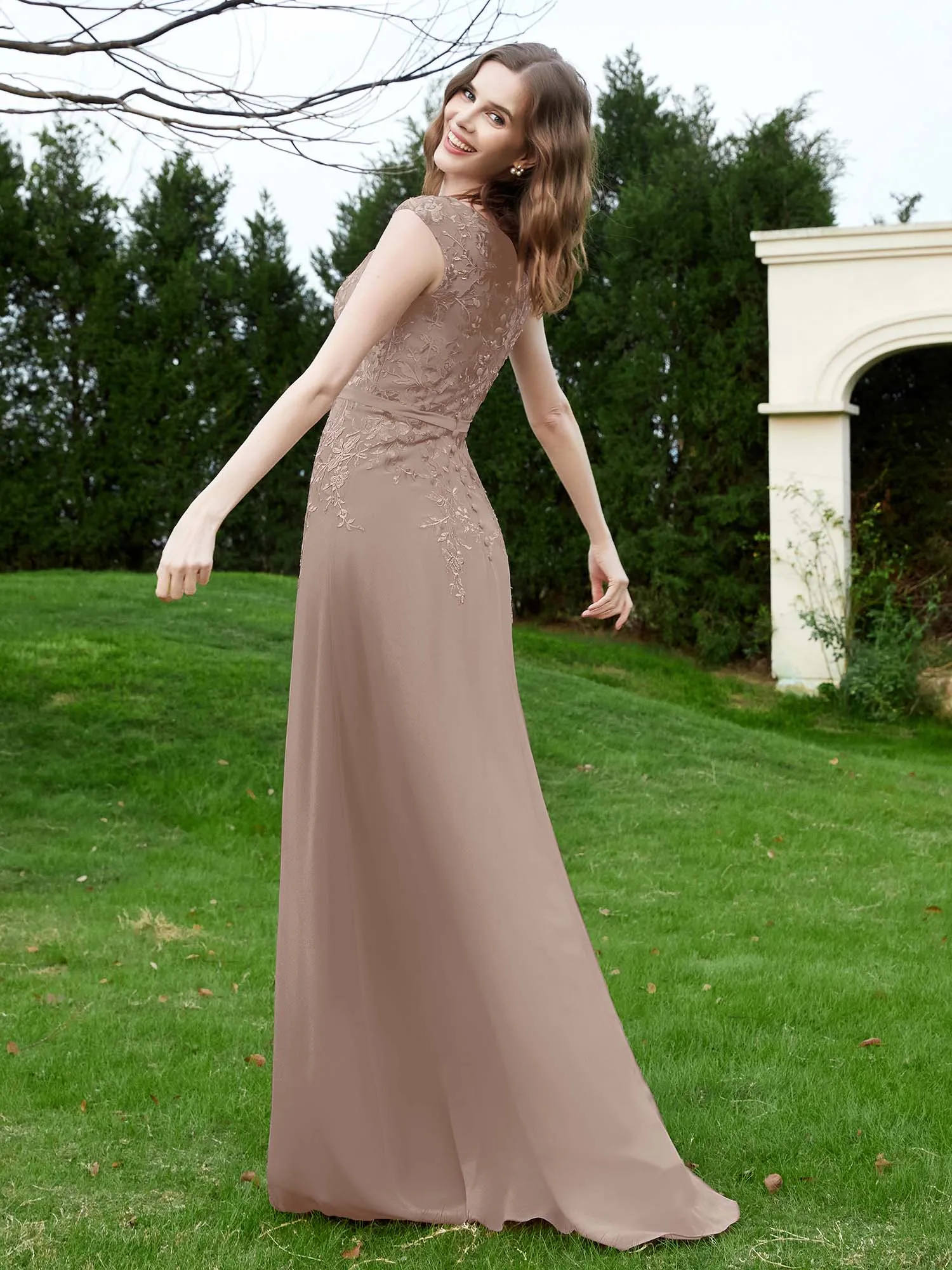 A-Line Chiffon Dress with Flower Appliqued Taupe Plus Size