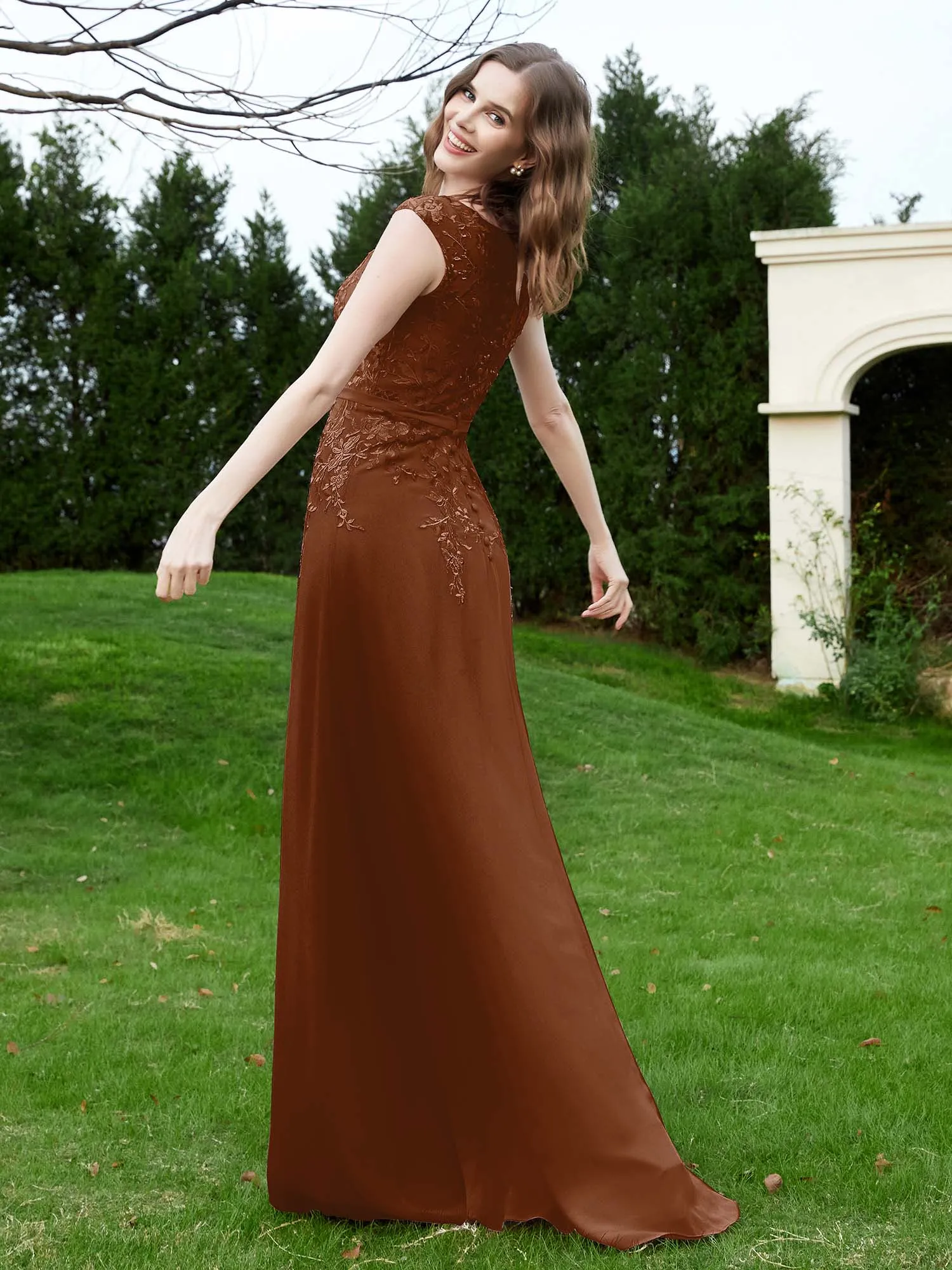A-Line Chiffon Dress with Flower Appliqued Terracotta