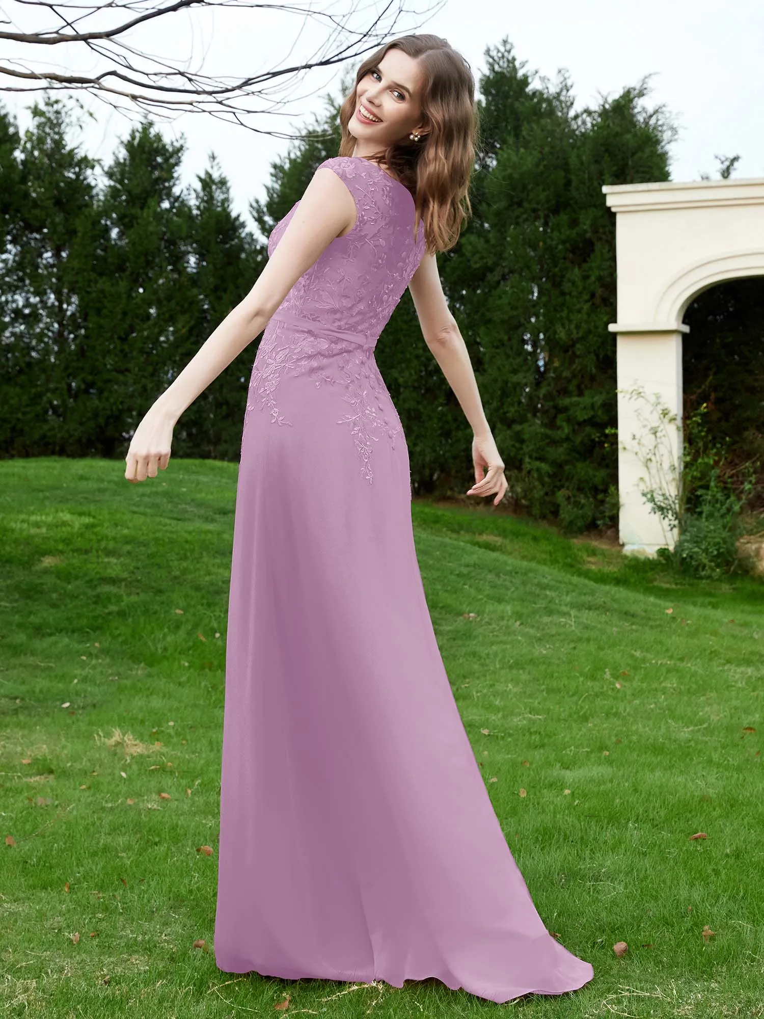 A-Line Chiffon Dress with Flower Appliqued Wisteria Plus Size