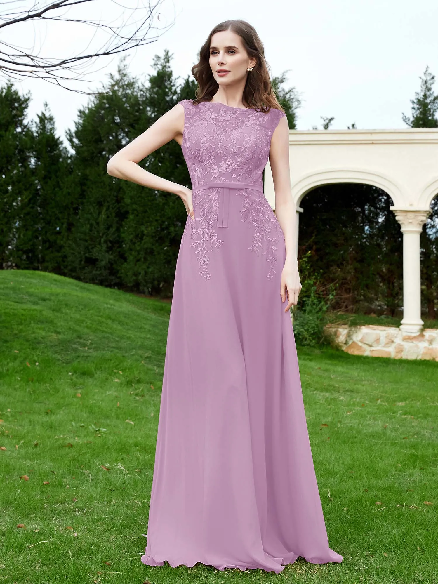 A-Line Chiffon Dress with Flower Appliqued Wisteria Plus Size