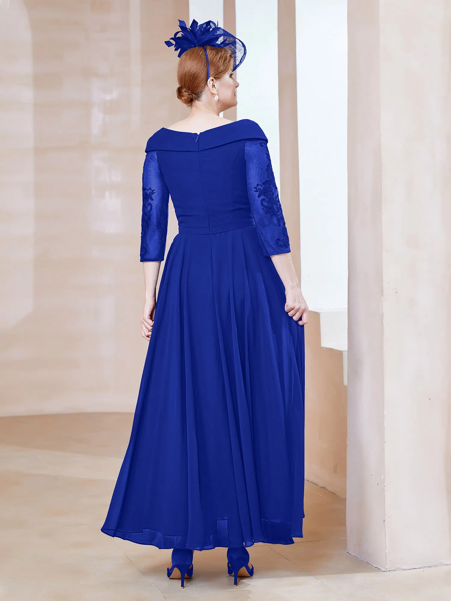A-line V-neck Appliqued Chiffon Dress Royal Blue