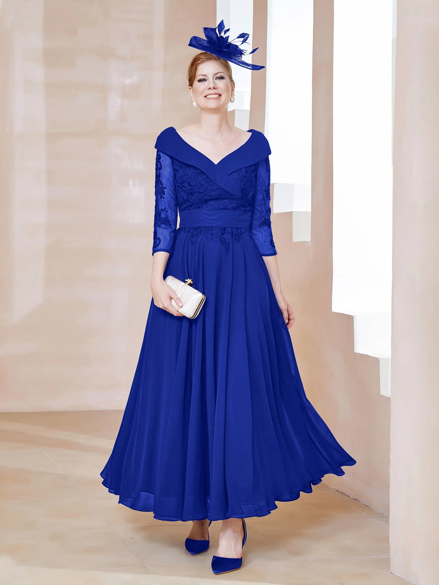 A-line V-neck Appliqued Chiffon Dress Royal Blue