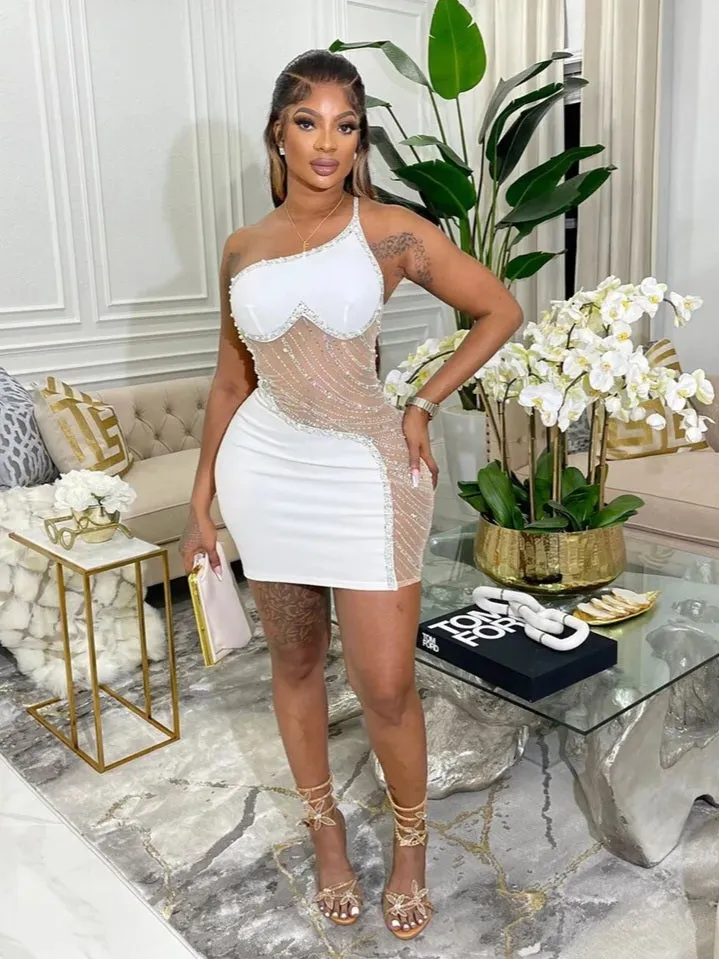 Amozae-nye outfits back to school dress  Rhinestone Mesh Cutout One Shoulder Mini Dress