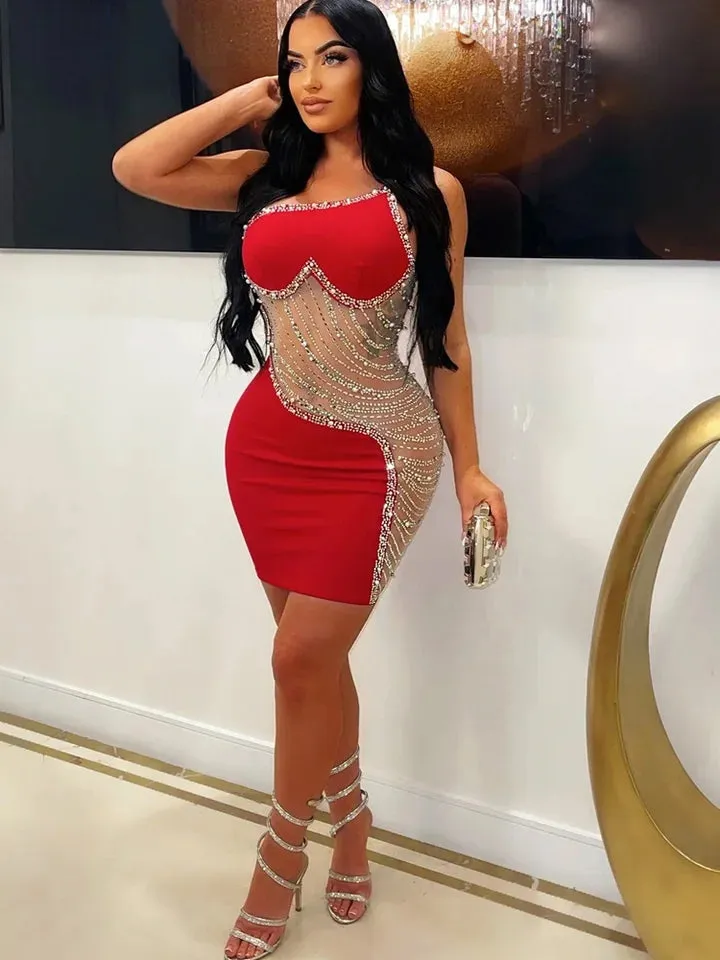 Amozae-nye outfits back to school dress  Rhinestone Mesh Cutout One Shoulder Mini Dress