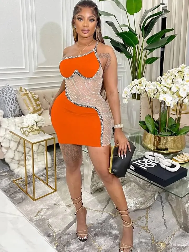 Amozae-nye outfits back to school dress  Rhinestone Mesh Cutout One Shoulder Mini Dress