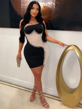 Amozae-nye outfits back to school dress  Rhinestone Mesh Cutout One Shoulder Mini Dress
