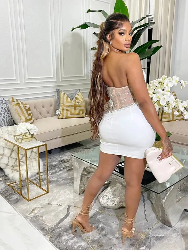 Amozae-nye outfits back to school dress  Rhinestone Mesh Cutout One Shoulder Mini Dress