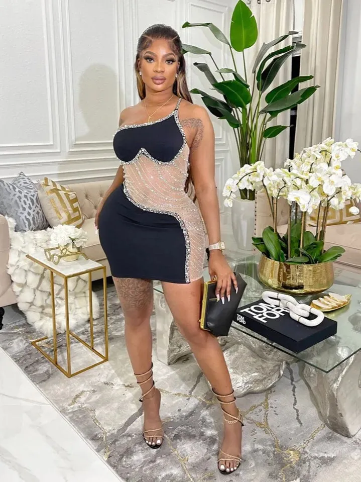Amozae-nye outfits back to school dress  Rhinestone Mesh Cutout One Shoulder Mini Dress