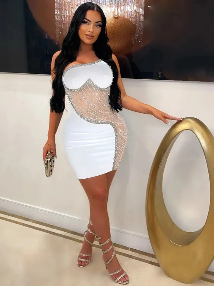Amozae-nye outfits back to school dress  Rhinestone Mesh Cutout One Shoulder Mini Dress