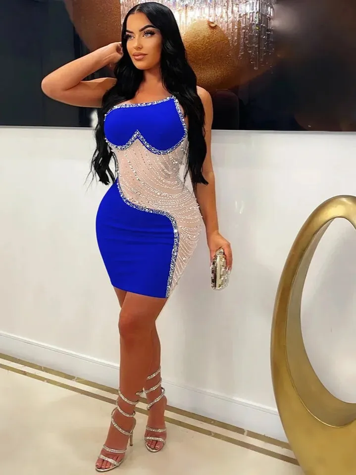 Amozae-nye outfits back to school dress  Rhinestone Mesh Cutout One Shoulder Mini Dress