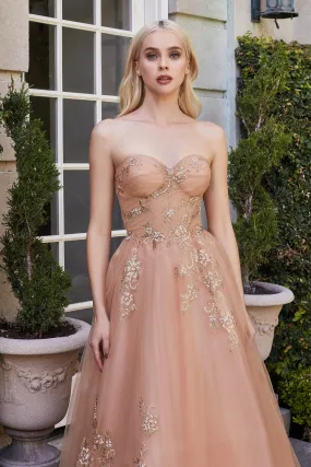 ANDREA & LEO A1114 Floral Strapless Tea Length A Line Dress