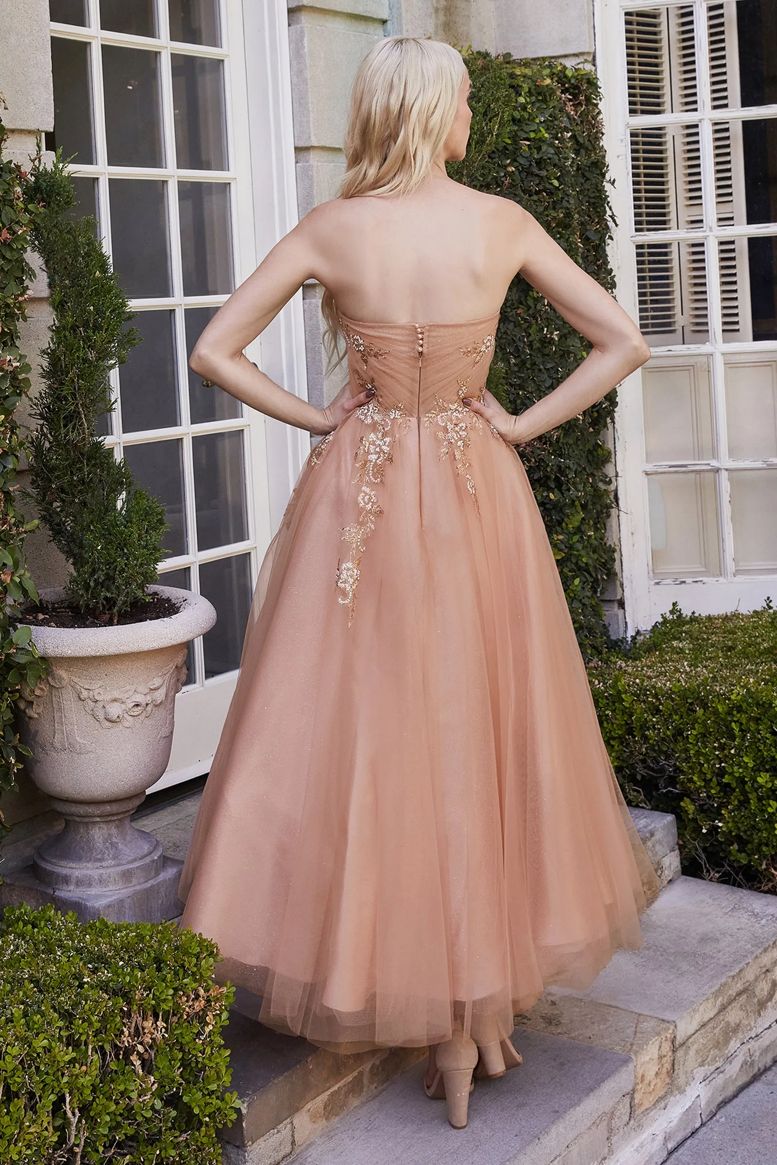 ANDREA & LEO A1114 Floral Strapless Tea Length A Line Dress