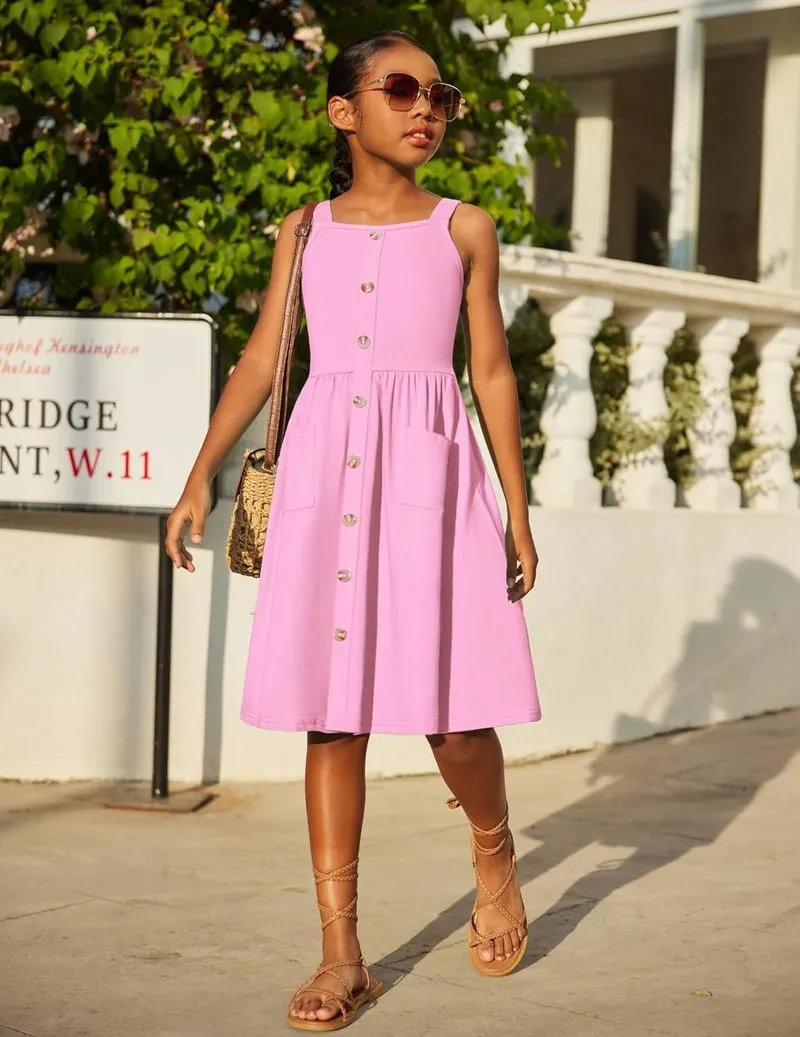 Arshiner Girl's Spaghetti Strap Button Down Midi Sleeveless Sundress