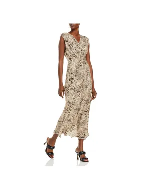ART DEALER Womens Beige Pleated Zippered Ruffled Animal Print Sleeveless Surplice Neckline Maxi Evening Dress