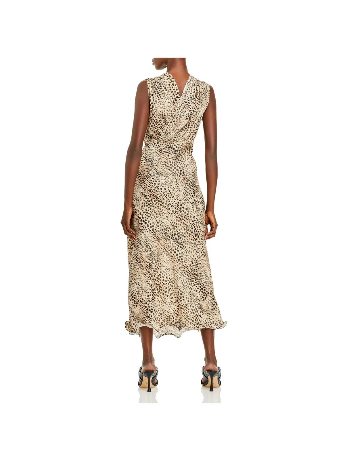 ART DEALER Womens Beige Pleated Zippered Ruffled Animal Print Sleeveless Surplice Neckline Maxi Evening Dress