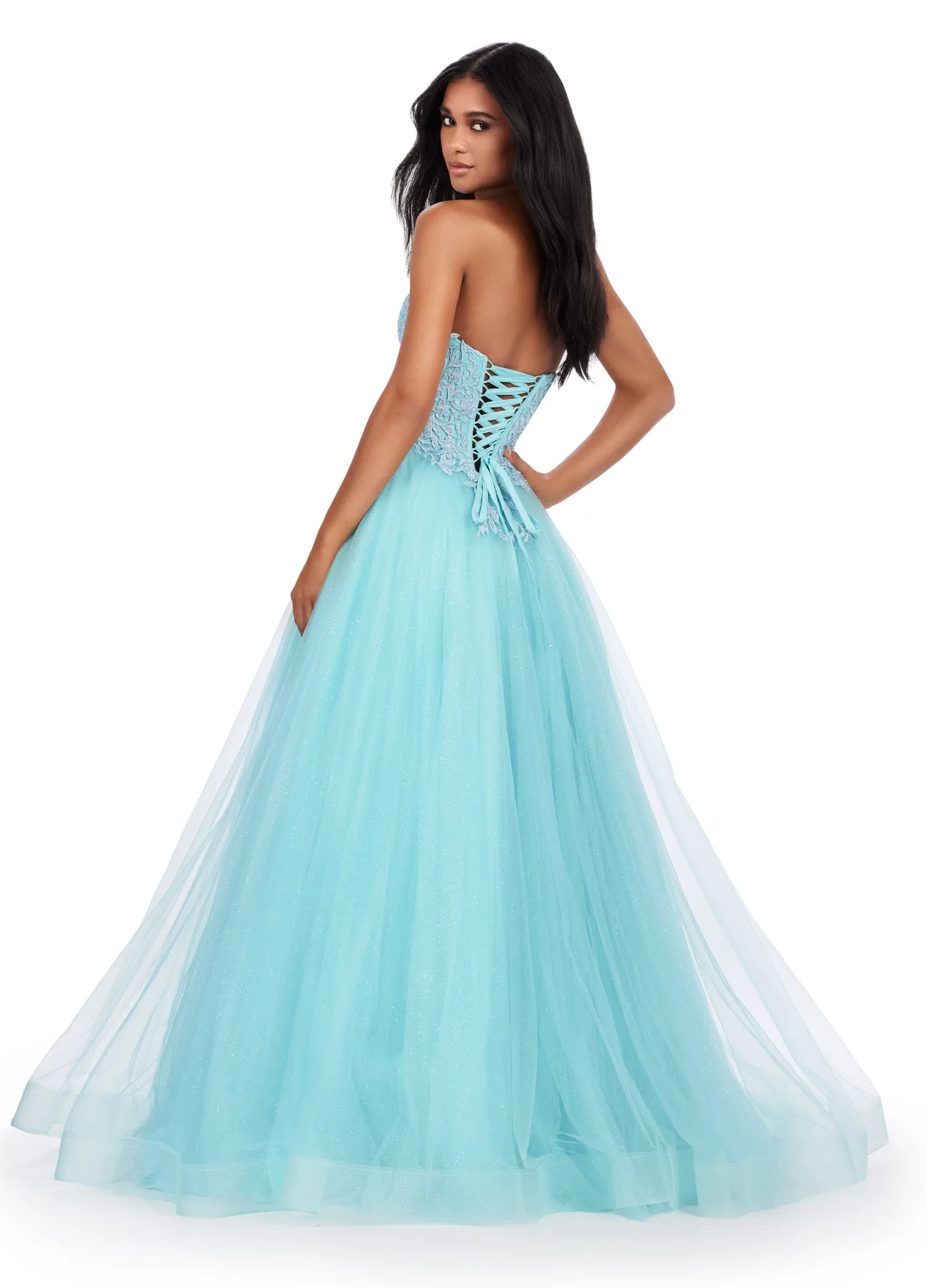Ashley Lauren 11518 Long Prom Dress Corset Glitter Tulle Ball Gown Plus Size Sweetheart Neckline Formal Pageant Gown