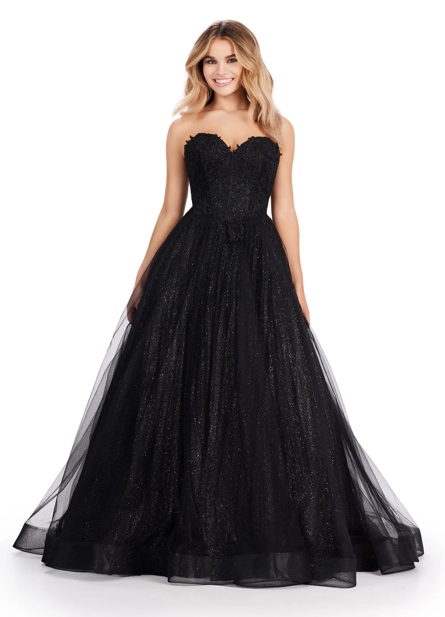 Ashley Lauren 11518 Long Prom Dress Corset Glitter Tulle Ball Gown Plus Size Sweetheart Neckline Formal Pageant Gown