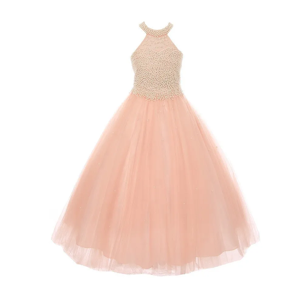 Big Girls Blush Dazzling Halter Neck Party Tulle Junior Bridesmaid Dress 8-16