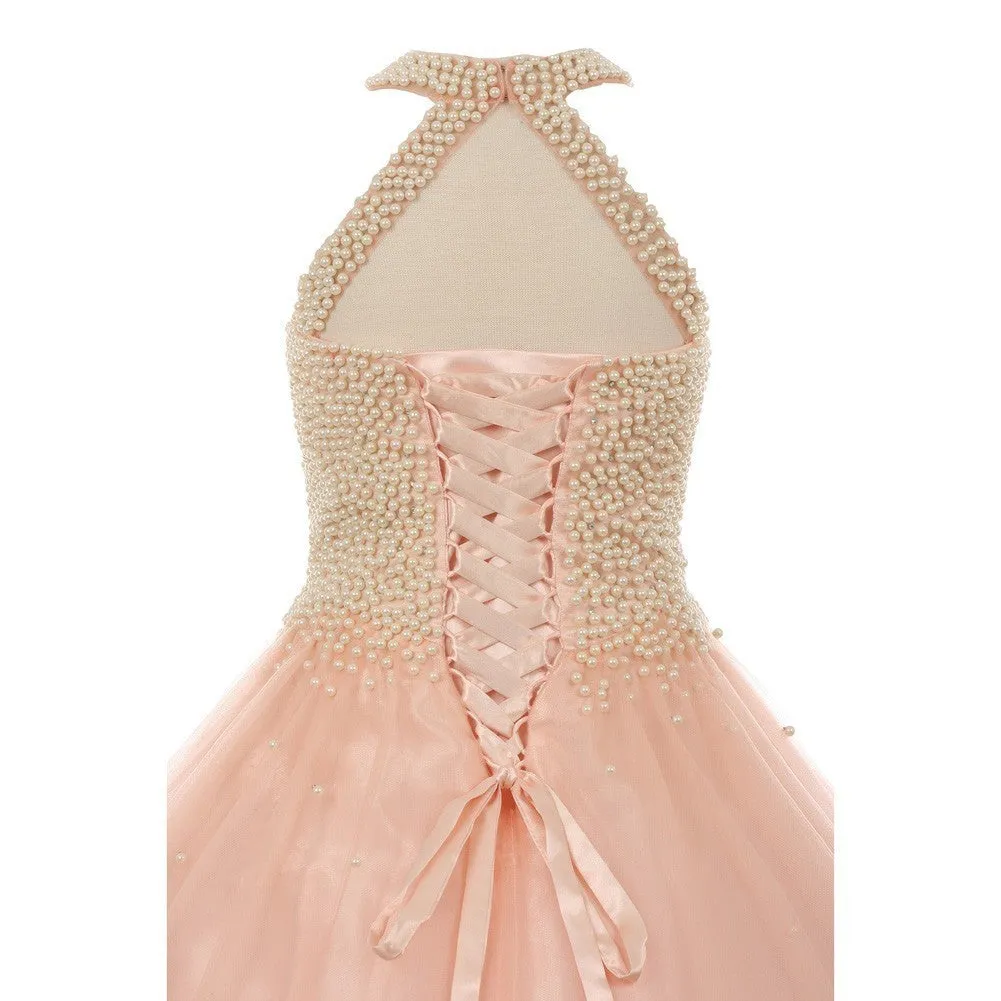 Big Girls Blush Dazzling Halter Neck Party Tulle Junior Bridesmaid Dress 8-16