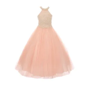 Big Girls Blush Dazzling Halter Neck Party Tulle Junior Bridesmaid Dress 8-16