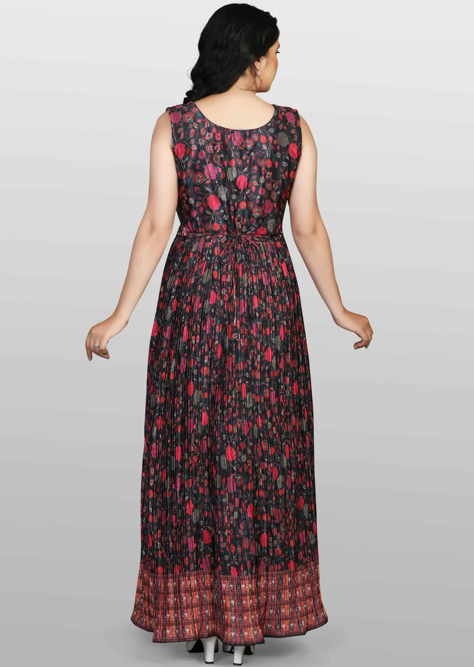 Bkack Chinnon Printed Kurti Full legth