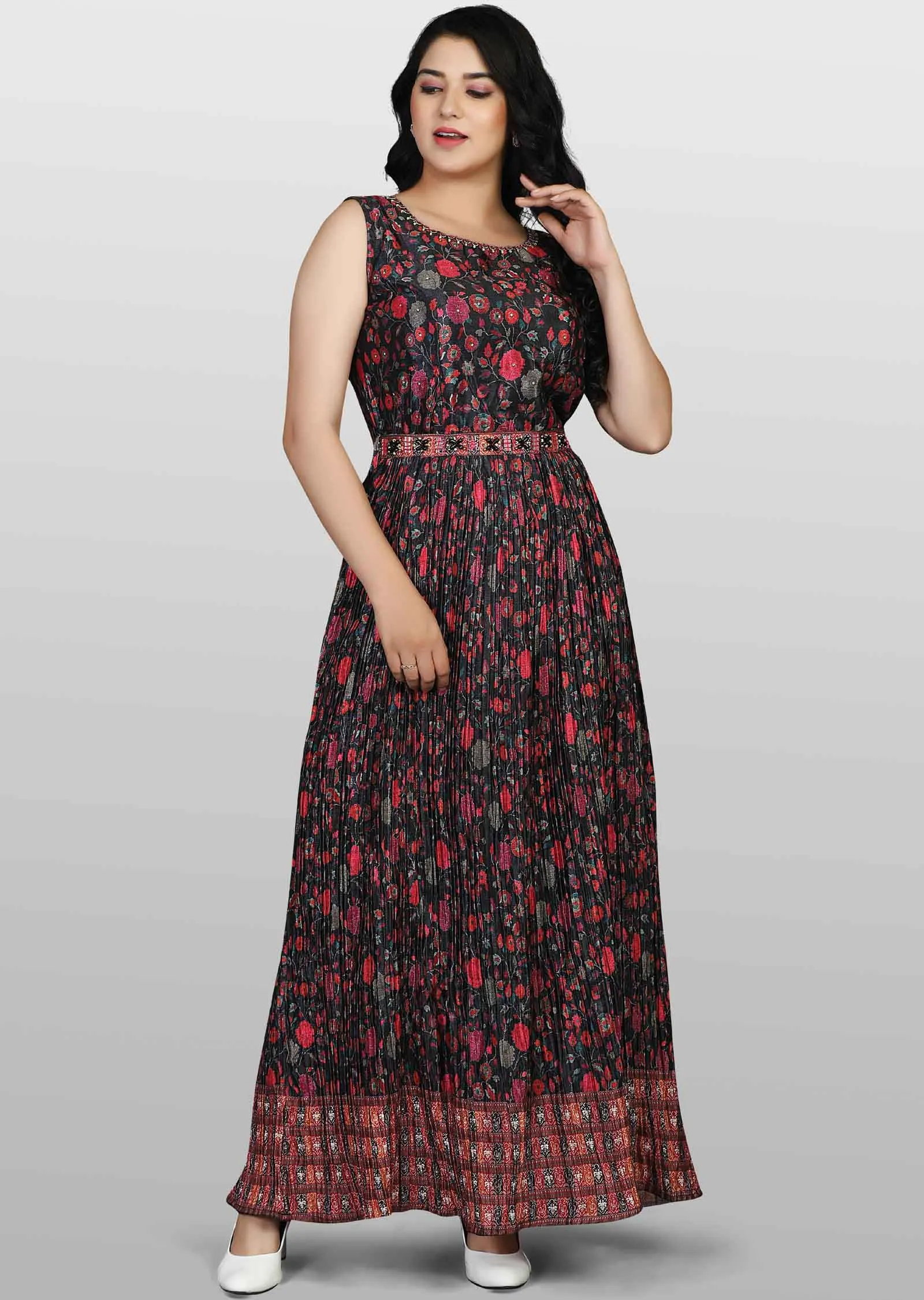 Bkack Chinnon Printed Kurti Full legth